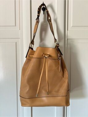 Vince Camuto Perforated Tan Leather Bucket Shoulder Bag